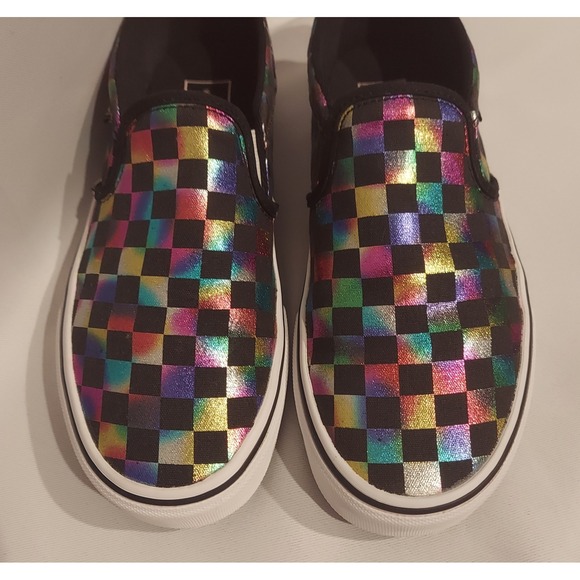 Vans Womens Iridescent Rainbow Checkerboard Classic Slip-On Sneakers Size 8.5 - Picture 2 of 14